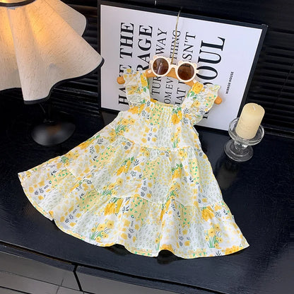 2026 Summer Girls Flutter Sleeve Dress Kids Printed Tiered Princess Dresses for 1-12Y Children Vacation Clothes