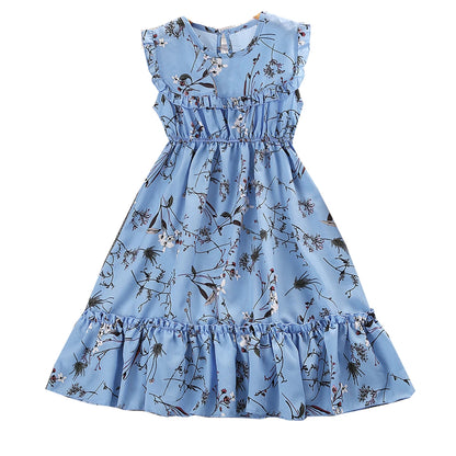 Summer Girl next Door Dress round Neck Sleeveless Floral Print Ruffled Hem Knee Length Skirt Sweet Cute Everyday Vacations