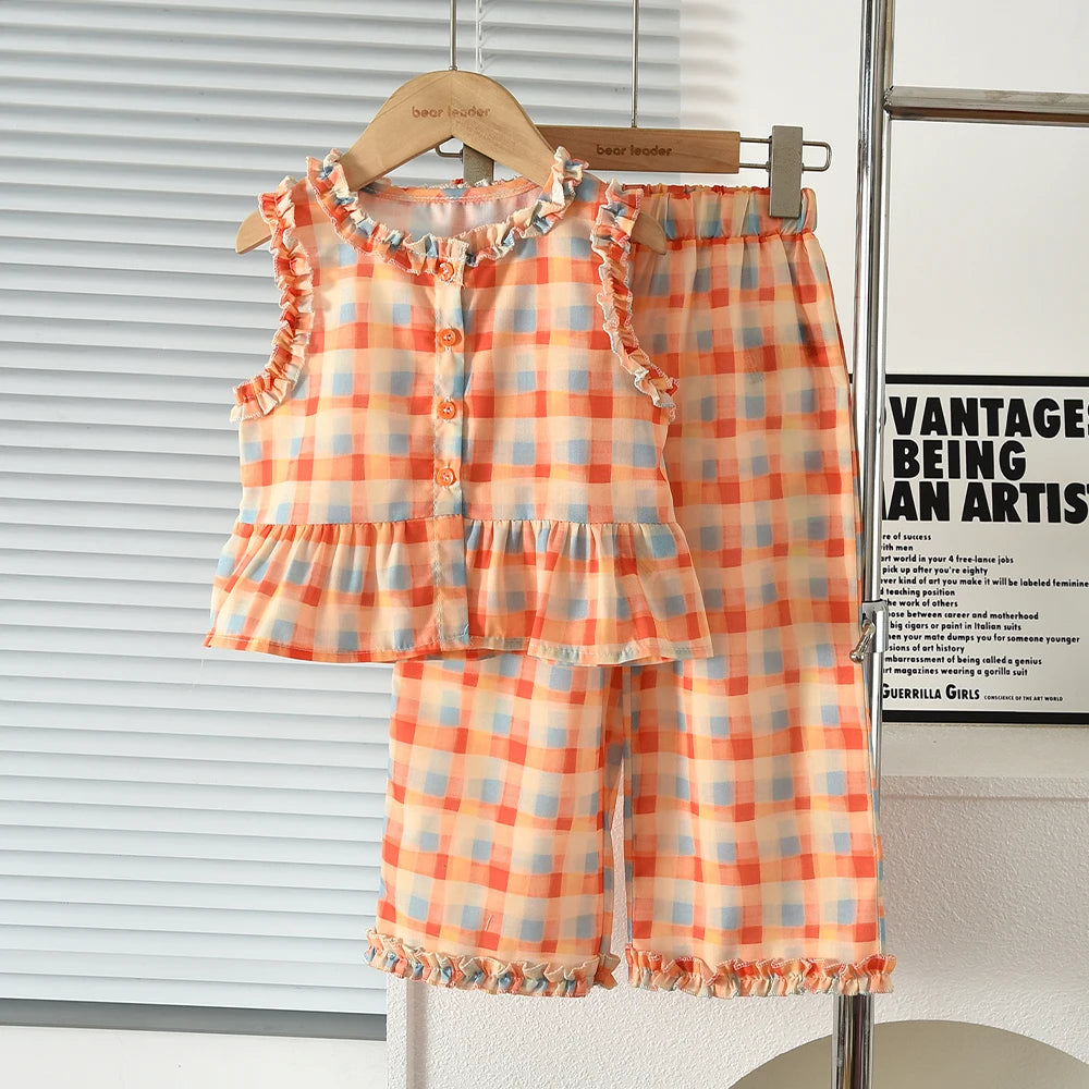Pink Girl's Summer Two-piece Set with Single Breasted Sleeveless Top and Casual Pants, New Children's Sets Kids Clothes