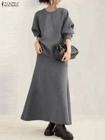 ZANZEA Women Autumn Pullover Sweatshirt and Elastic Waist A-Line Midi Skirt 2 Pieces Dress Sets Cozy Casual Solid Suits Outfits