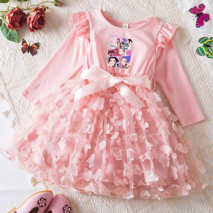 K-Pop Hunters Zoey Mira Rumi Girl Dress 3D Butterfly Casual Dresses Kids Princess Dress Long Sleeve Baby Girls Clothes 2-6Y