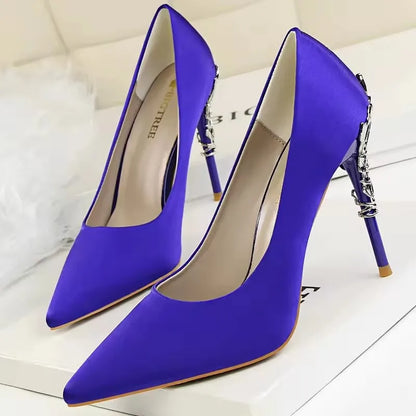 BIGTREE Shoes Women Pumps Flower Carved Metal Heel Women Shoes Fashion Wedding Shoes Satins Stilettos Heels 10 Cm High Heels
