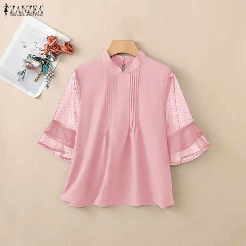 ZANZEA Woman Casual Blouses Pintuck Stand Collar Swiss Dots Patchwork 3/4 Sleeve Tops 2026 Summer Elegant Chic Blusas de Mujer