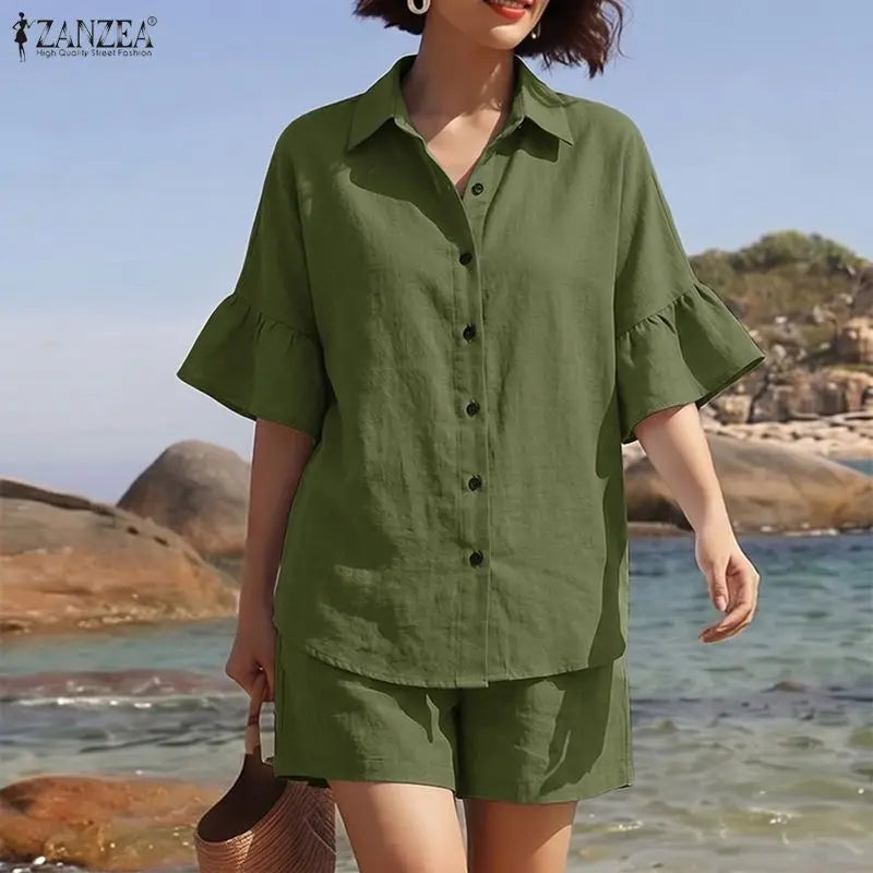 ZANZEA Fashion Women Lapel Neck Half Sleeve Shirt Shorts Sets Summer 2 Pieces Sets Casual Holiday Tracksuit Solid Work Outfits
