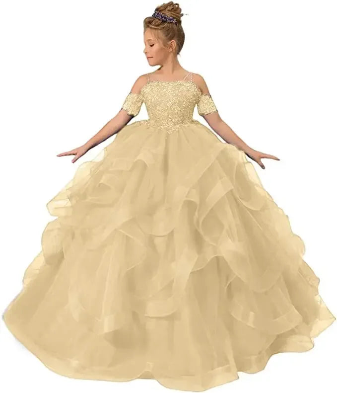 Dress for girls Party Flower Kids Ball Gown Tulle Off Shoulder Children Birthday Wedding Dresses First Communion Gown Clothing