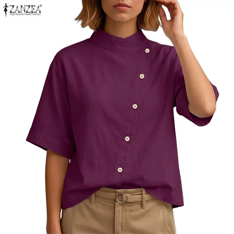 ZANZEA Women's Fashion Diagonal Front Shirts Casual Stand Collar Half Sleeve Button Up Tops Summer Solid Color Chemises Femme
