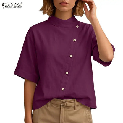 ZANZEA Women's Fashion Diagonal Front Shirts Casual Stand Collar Half Sleeve Button Up Tops Summer Solid Color Chemises Femme