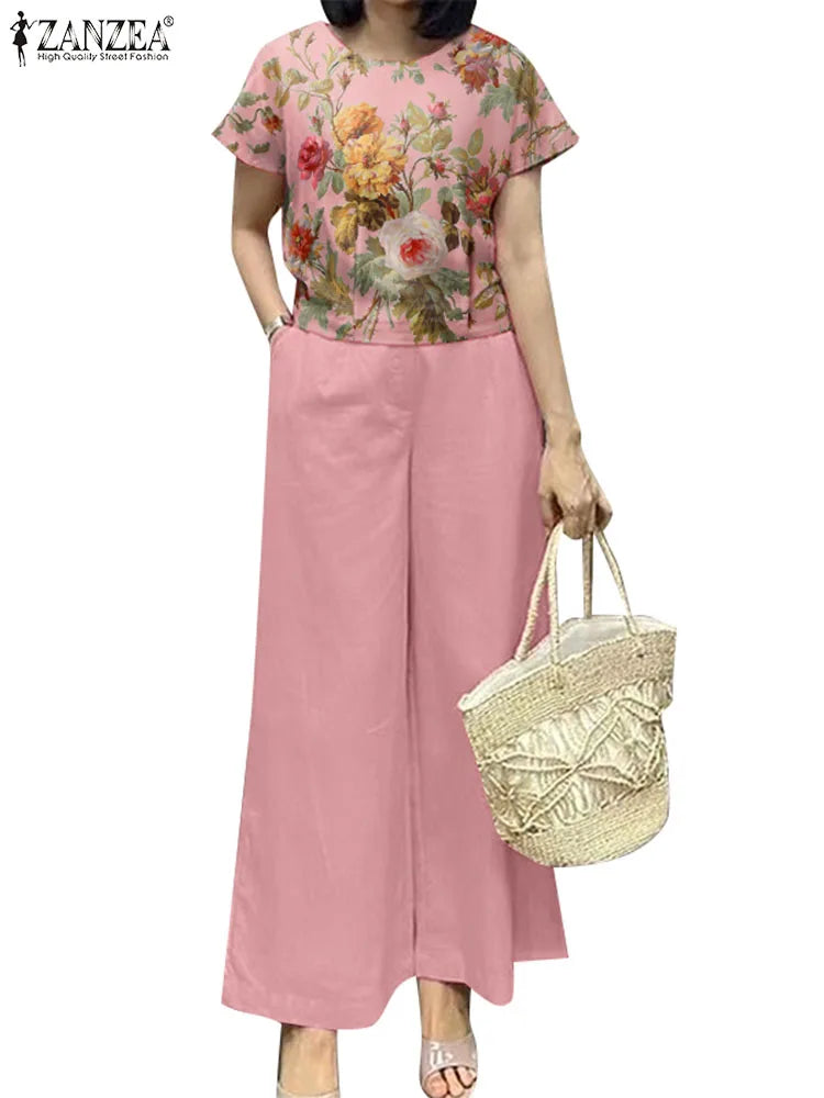 2PCS Women Outfits Summer Pant Sets Short Sleeve Blouse Loose Trousers Suit 2025 ZANZEA Casual Floral Matching Sets Tracksuit