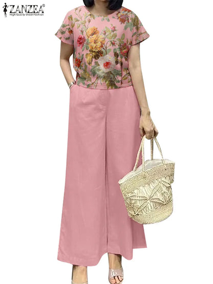 2PCS Women Outfits Summer Pant Sets Short Sleeve Blouse Loose Trousers Suit 2025 ZANZEA Casual Floral Matching Sets Tracksuit