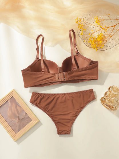 Women’s Pure Color Underwire Bra & Panty Set  Push Up T-Shirt Bra Full Cup with Side Support Everyday Comfort Lingerie Set J2611