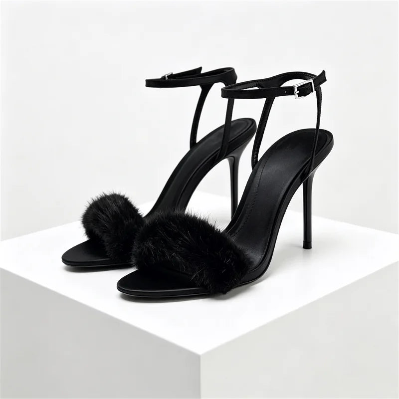 Sexy Open Toe Faux Fur High Heel Sandals Women Elegant Ankle Strap Buckle Stiletto Heels for Ladies Fashion Party Wedding Shoes