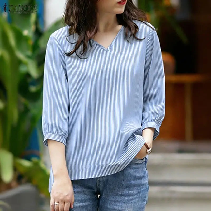 ZANZEA Woman Minimalist Striped Blouses Casual V-Neck 3/4 Puff Sleeve High-Low Tops Spring Summer Day Wear Blusas de Mujer