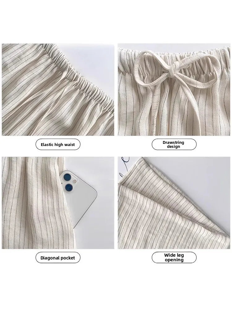 Casual Ice Silk Linen Stripe Wide Leg Pants Women Summer Thin plus Size Loose Drapey Small Cotton Linen Pants High Waist Stra...