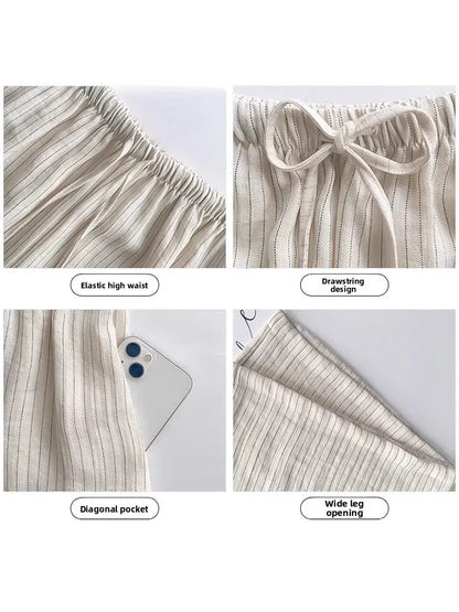 Casual Ice Silk Linen Stripe Wide Leg Pants Women Summer Thin plus Size Loose Drapey Small Cotton Linen Pants High Waist Stra...