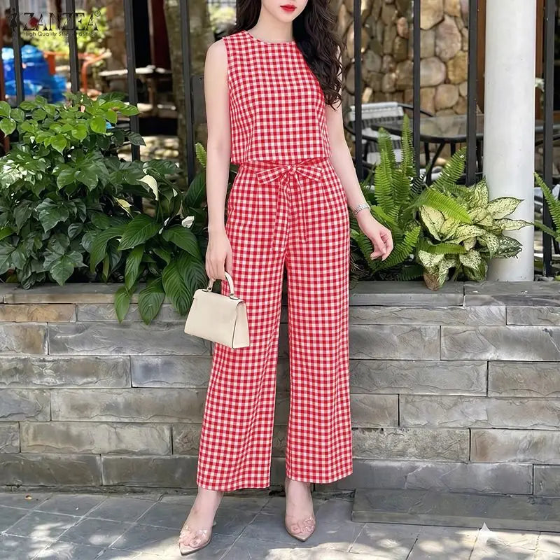 ZANZEA Women Summer Gingham 2 Piece Pant Sets Casual O-Neck Tank Top & Belted Pant Suits Everyday Wear Commute 2pcs Sets Outfits