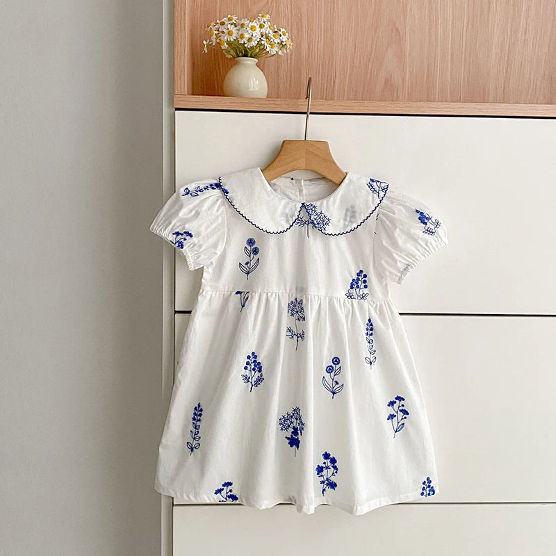 Summer New Style 2-6Y Girl Dress Short Sleeve Baby Clothes Children's Dress Korean Embroidered Girls Retro Sister Dress