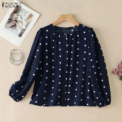 ZANZEA Women Polka Dot Fashionable Blouses O-Neck Lantern Sleeves Button Up Shirt 2026 Spring Fall Daily Casual Camisas de Mujer