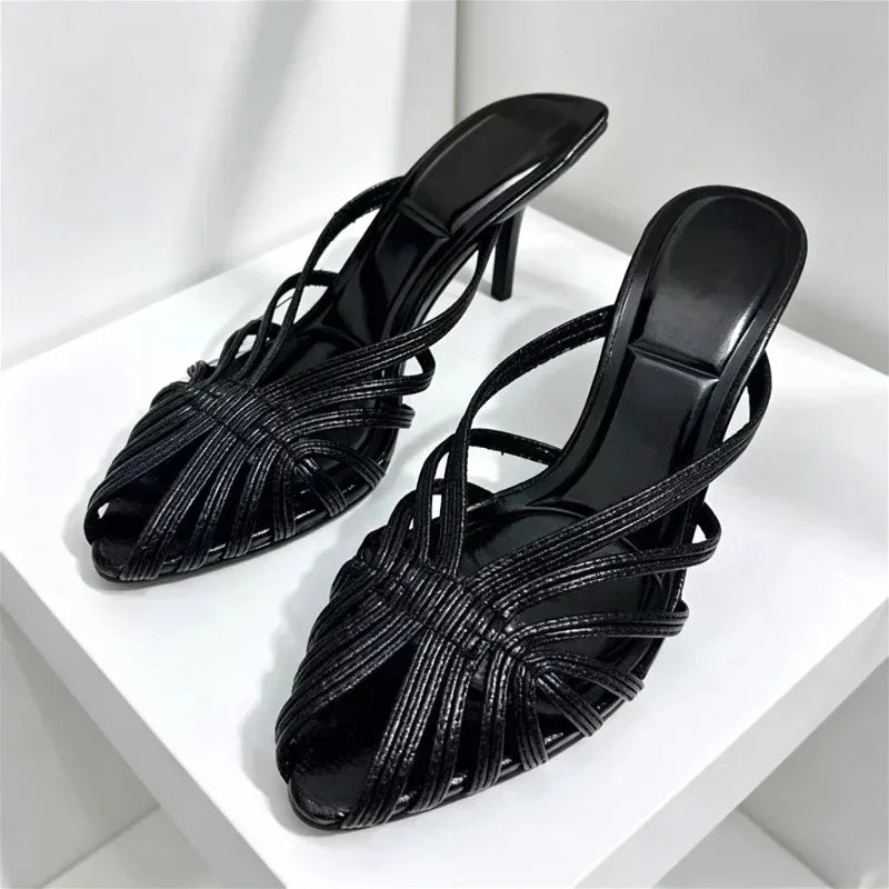 Golden Hollow Muels Sandals Women Sexy Thin High Heels for Ladies Elegant Gladiator Sandals Summer Comfortable Women Slippers