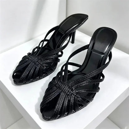 Golden Hollow Muels Sandals Women Sexy Thin High Heels for Ladies Elegant Gladiator Sandals Summer Comfortable Women Slippers