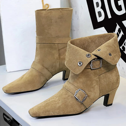 BIGTREE Shoes New Belt Buckle Design Women Boots Suede Retro Women's Ankle Boots Square Head Short Boots Middle Heel Boots