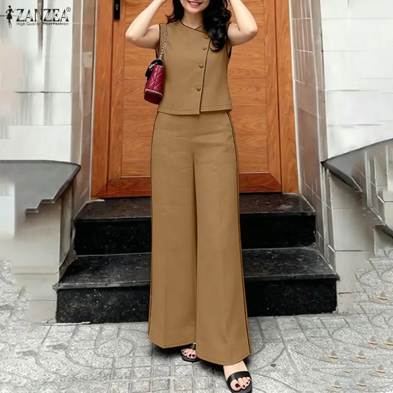 ZANZEA Fashion V Neck Sleeveless Tanks Tops Trousers Suit Summer Women Matching Sets Casual OL Work Pant Sets Holiday Tracksuit