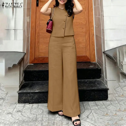 ZANZEA Fashion V Neck Sleeveless Tanks Tops Trousers Suit Summer Women Matching Sets Casual OL Work Pant Sets Holiday Tracksuit