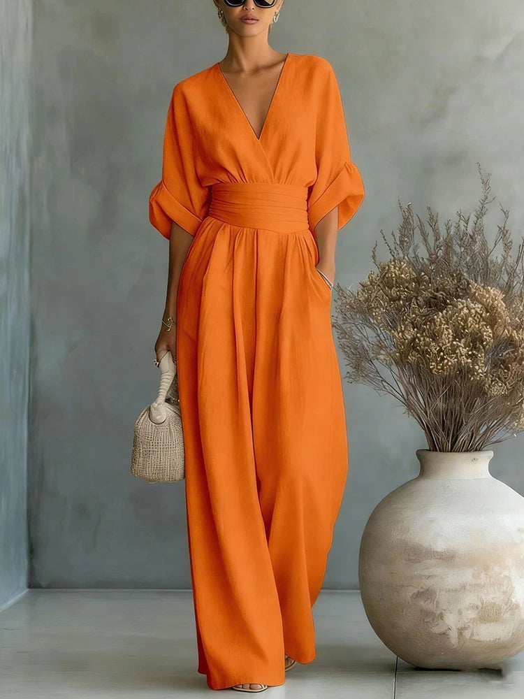 Women Elegant High Waist Jumpsuits Summer Short Sleeve Wide Leg Pants Romper Casual V Neck Solid Loose Jumpsuits Streetwear