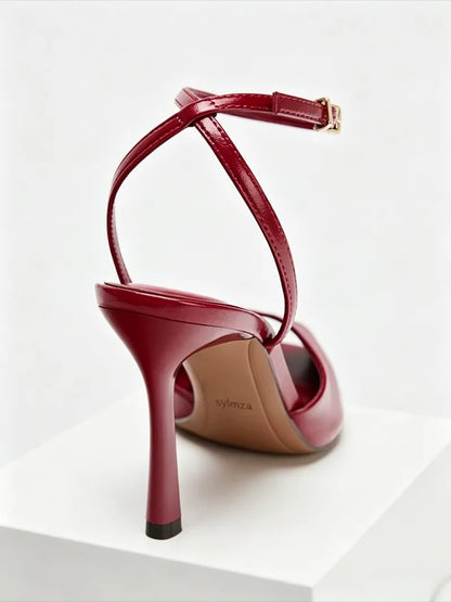 Red Soft Leather PU Ankle Strap Heeled Sandals Women Sexy Peep Toe High Heels Elegant Wedding Bridal Shoes Sandalias De Mujer
