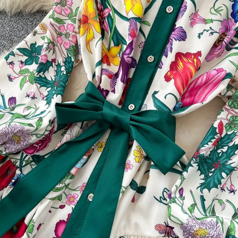 2026 Long-sleeve Printed Dress Women Summer Single-breasted Stand-collar Party Maxi Dresses Lace-up Slim Elegant A-line Dresses