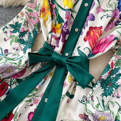 2026 Long-sleeve Printed Dress Women Summer Single-breasted Stand-collar Party Maxi Dresses Lace-up Slim Elegant A-line Dresses