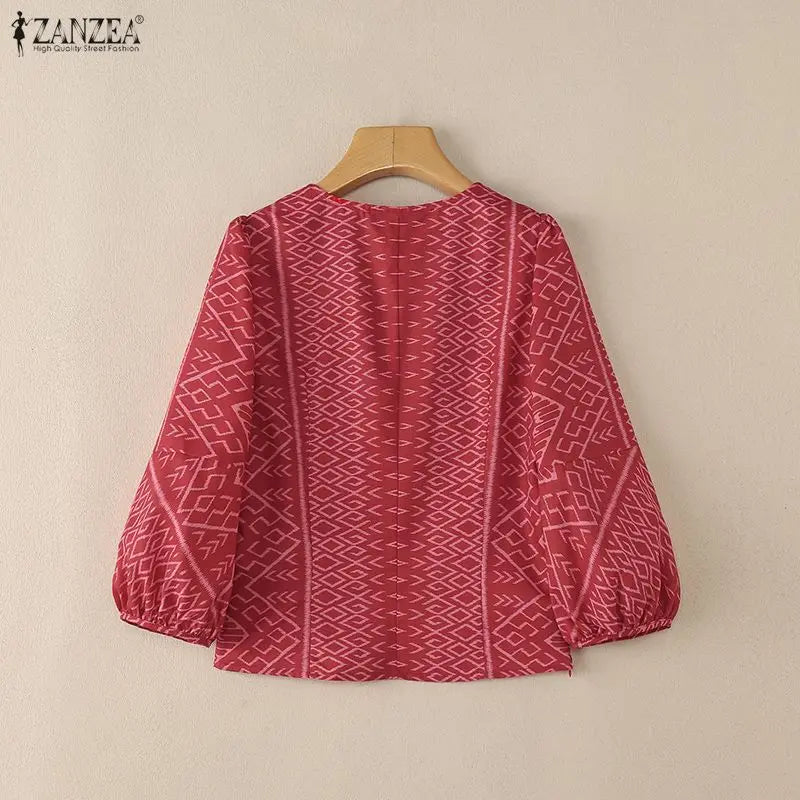 ZANZEA Woman Vintage Ethnic Print Blouses V-Neck 3/4 Lantern Sleeve Princess Seam Short Tops Summer Side Zipper Blusas de Mujer