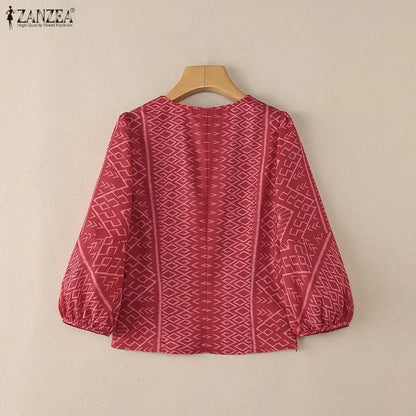 ZANZEA Woman Vintage Ethnic Print Blouses V-Neck 3/4 Lantern Sleeve Princess Seam Short Tops Summer Side Zipper Blusas de Mujer