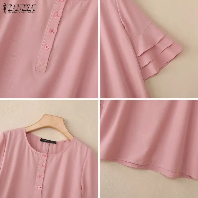 ZANZEA Women Blouse 3/4 Sleeve Tunic Top Ruffles Sleeve Elegant Office Casual O-Neck Button Solid Summer Blusas Oversize