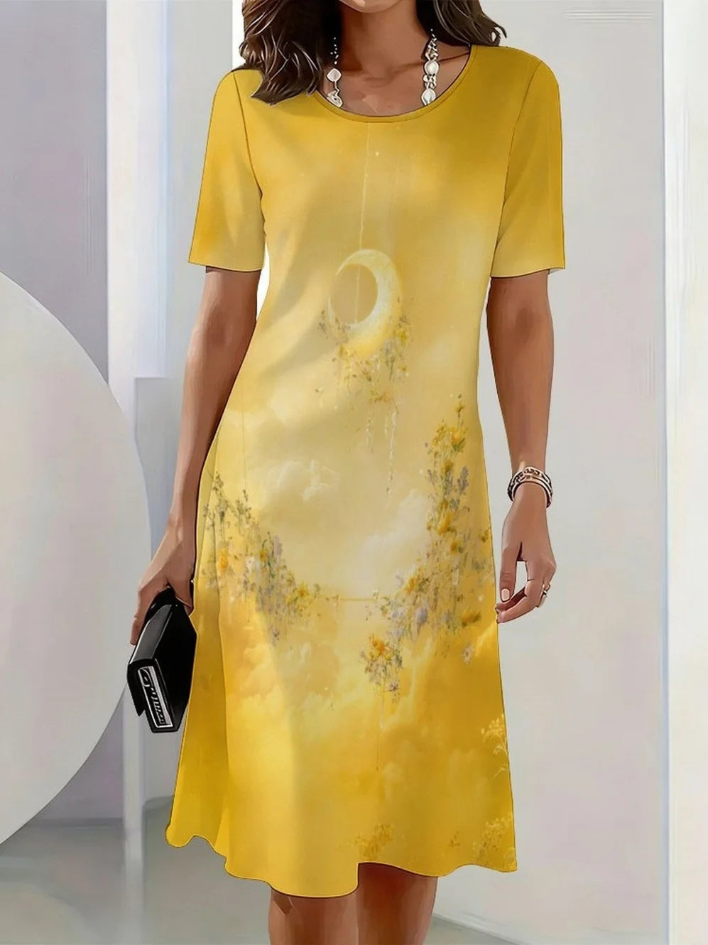 2026 New Elegant Floral Print Dresses for Women Round-Neck Short Sleeve Female Clothing Summer Travel Vacation Clothes for Woman