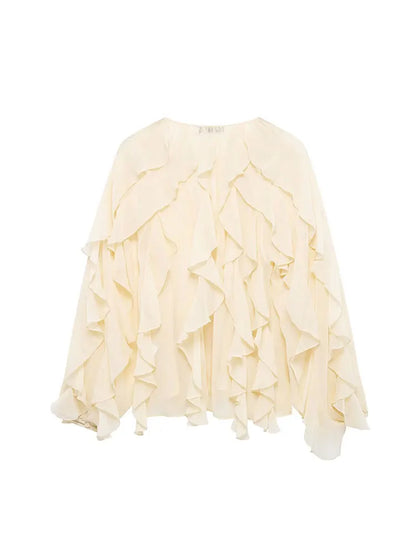 Women's Casual Ruffled Shirt Loose Lace Up Hollow Out V Neck Tops 2025 Spring Blouses Women Clothes