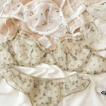 French Ultra Thin Lingerie Set Sexy Lace Floral Prints Bra Fashion Women Underwear Mesh Breathable Intimates Bras and Thong Sets