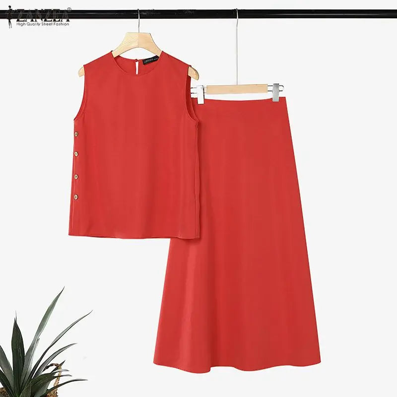 Stylish O Neck Sleeveless Tanks Tops Dress Sets ZANZEA Summer Women 2 Pieces Outfits Tracksuit Casual  Solid Color Skirt Suit