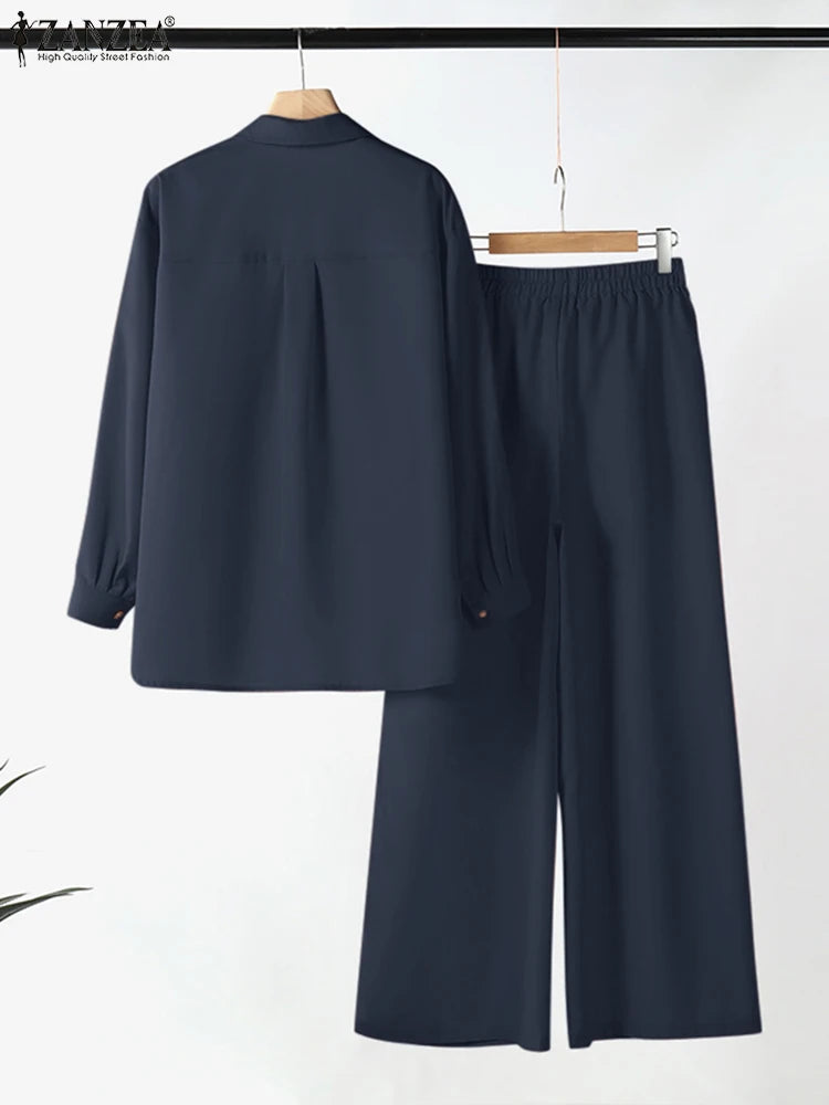 2025 ZANZEA Fashion Casual Long Sleeve Blouse Pant Sets Autumn 2pcs Outfits Women Loose Matching Sets Solid OL Work Tracksuits