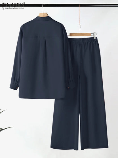 2025 ZANZEA Fashion Casual Long Sleeve Blouse Pant Sets Autumn 2pcs Outfits Women Loose Matching Sets Solid OL Work Tracksuits
