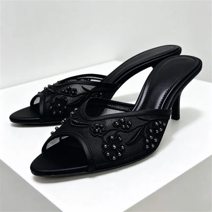 Summer Mesh Embroidery Brown Slippers Women Sexy Peep Toe Heeled Sandals for Ladies Elegant String Bead Decorative Designer Shoe