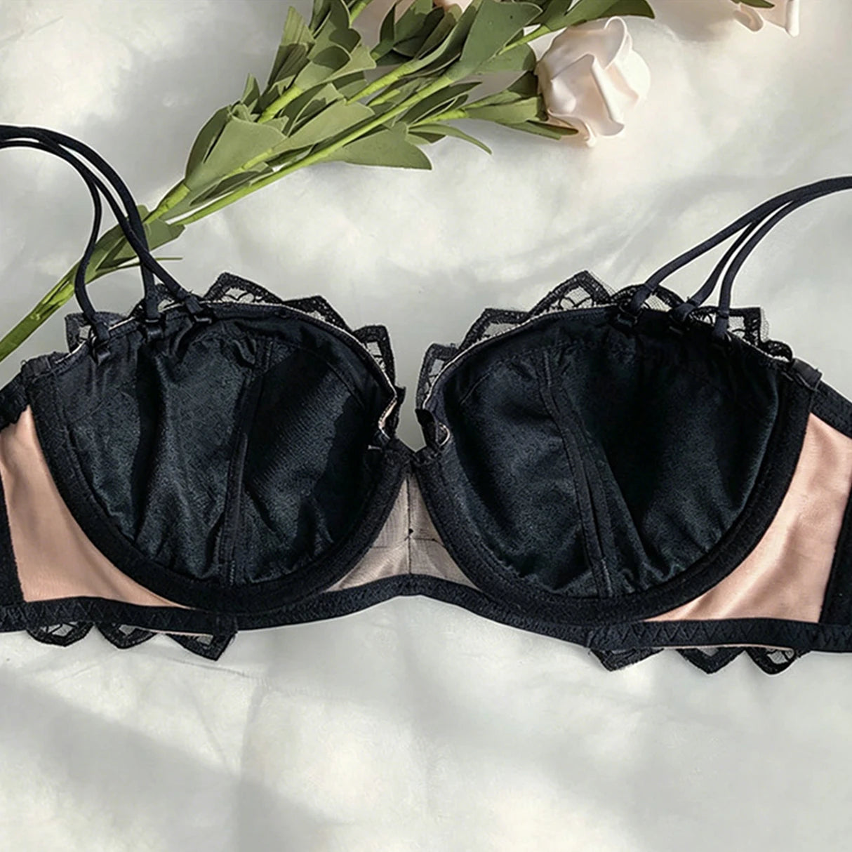 Women's Sexy Half-Cup Bra 1/2 Cup Gathering Soft Steel Ring Push-Up Lace Comfortable Underwear Set 8CM
