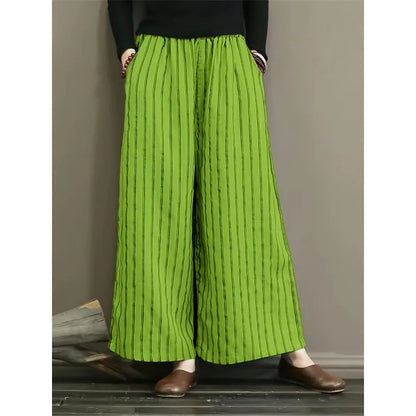 Plus Size 1XL-5XL Women Summer Pants Women'S Striped Wide Legs Show A Slimming ﻿
