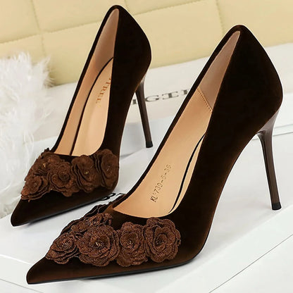 BIGTREE Shoes Flower Design Women Pumps Retro High Heels Suede Women Shoes Stiletto Heels 9 cm Chinese Style Pumps Ladies Shoes