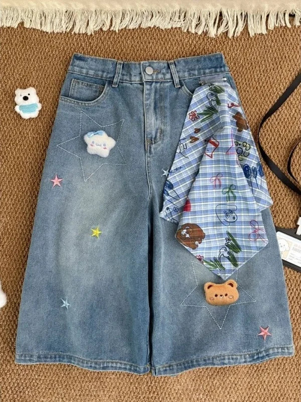 Seven-Quarter Length Embroidered Wide Leg Loose Fit Thin Denim Shorts Summer New Style Korean Style High Waist Straight Tube ...