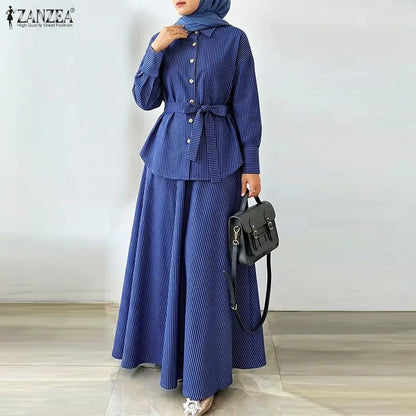 Women Muslim 2 Pieces Sets ZANZEA Ramadan Outfits Fashion Lapel Long Sleeve Shirt Dress Sets Elegant Striped OL Work Skirt Suit