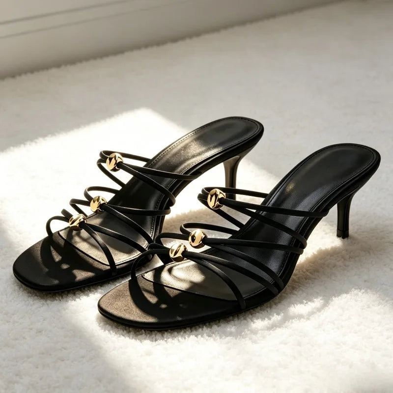 Unique Metal-decorated Kitten Heel Mules Sandals for Women Red Satin Narrow Band Slide Sandals Elegant Open-toe Designer Shoes