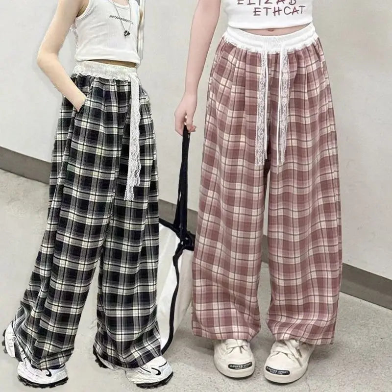 Girls' Wide Leg Pants Summer 2026 Icy Silk Plaid Loose Fit Slimming Casual Sportswear Adjustable Waist Breathable Long Pants