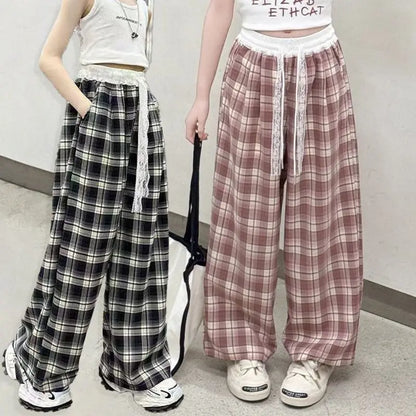 Girls' Wide Leg Pants Summer 2026 Icy Silk Plaid Loose Fit Slimming Casual Sportswear Adjustable Waist Breathable Long Pants