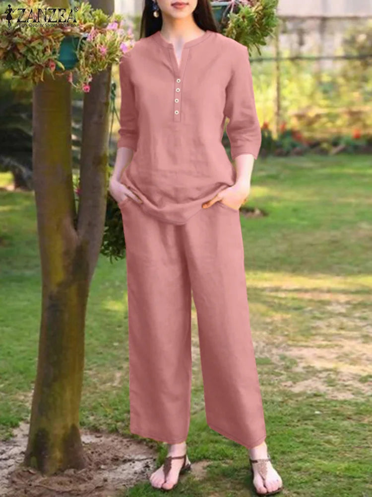 2025 Autumn Pant Sets ZANZEA Women 2PCS Outfits Elegant 3/4 Sleeve Blouse Wide Leg Trousers Suit Fashion Solid OL Work Tracksuit