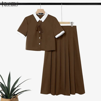 ZANZEA Women Elegant Skirt Sets Short Sleeve Cropped Shirt & A-Line Midi Skirt 2 Pieces Sets Office Commute Skirt Suits Outfits